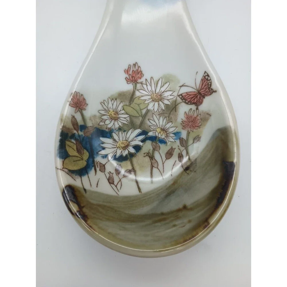 Vtg Otagiri Spoon Rest Flowers Butterfly Daisies Brown Blue Hand Painted Clover